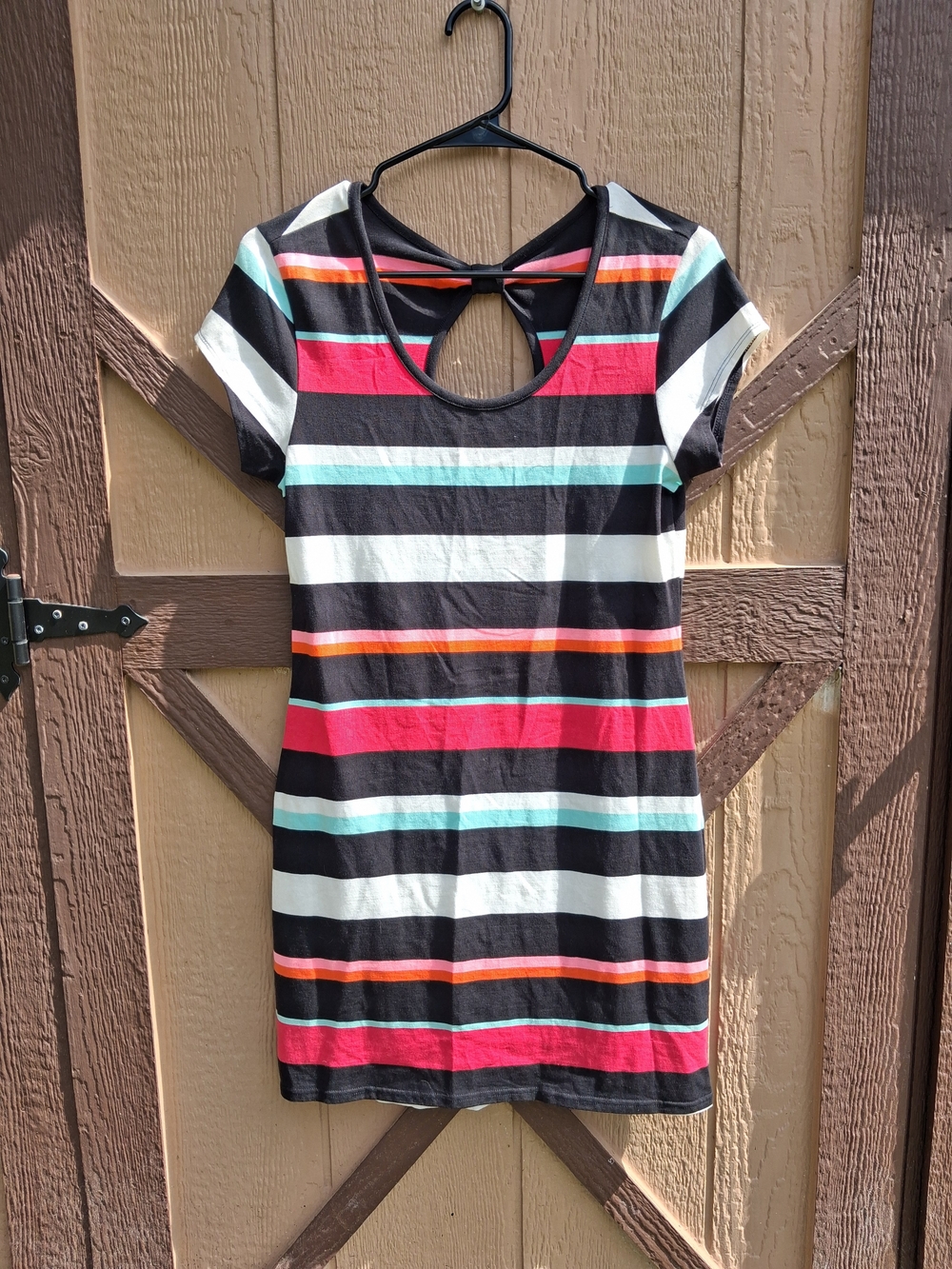Derek Heart Striped Scoop-Neck Dress in Black, White, Aqua & Coral